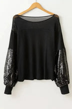 Black Sequin Patchwork Lantern Sleeve Blouse - Fashionfitz