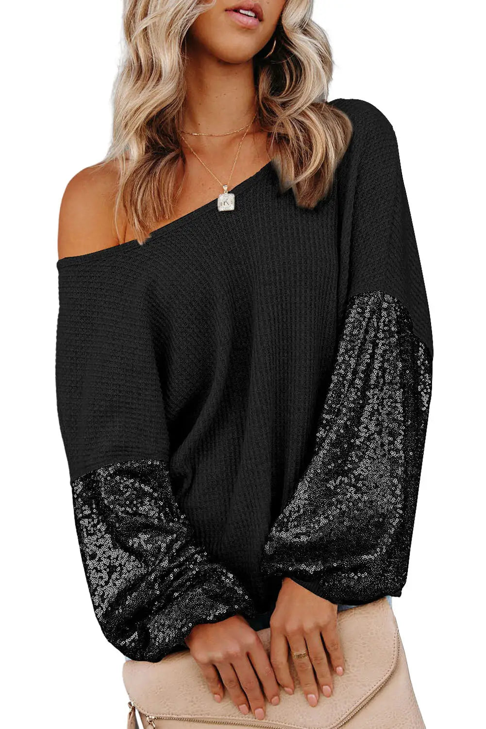 Black sequin patchwork sleeve open back waffle knit top - sweaters & cardigans