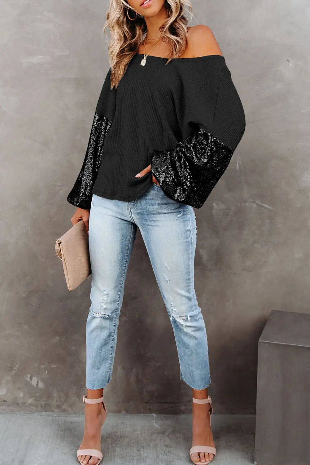 Black sequin patchwork sleeve open back waffle knit top - sweaters & cardigans