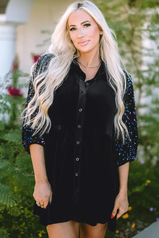 Elegant black sequin velvet peplum shirt | puff sleeve top