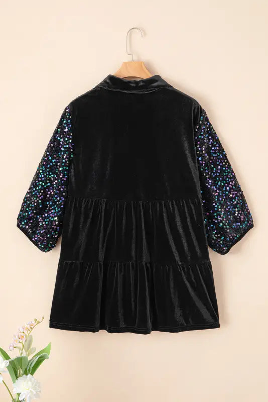 Elegant black sequin velvet peplum shirt | puff sleeve top