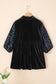 Elegant black sequin velvet peplum shirt | puff sleeve top