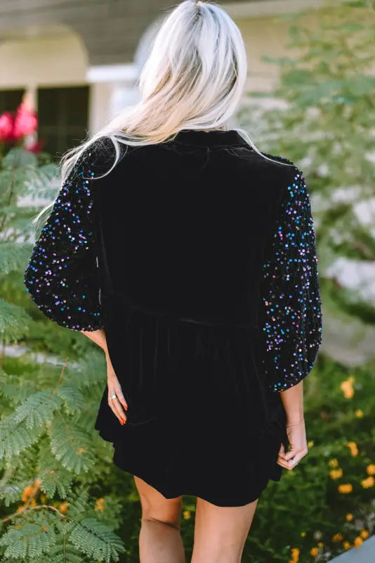 Elegant black sequin velvet peplum shirt | puff sleeve top