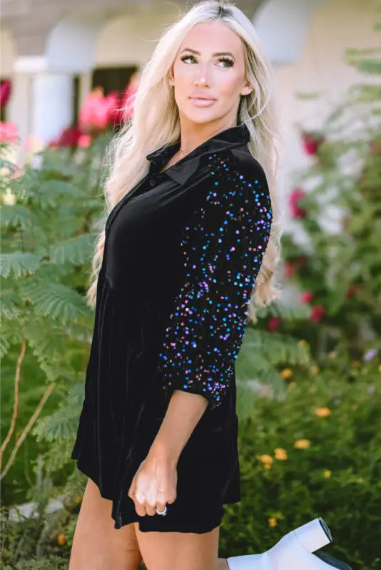 Elegant black sequin velvet peplum shirt | puff sleeve top