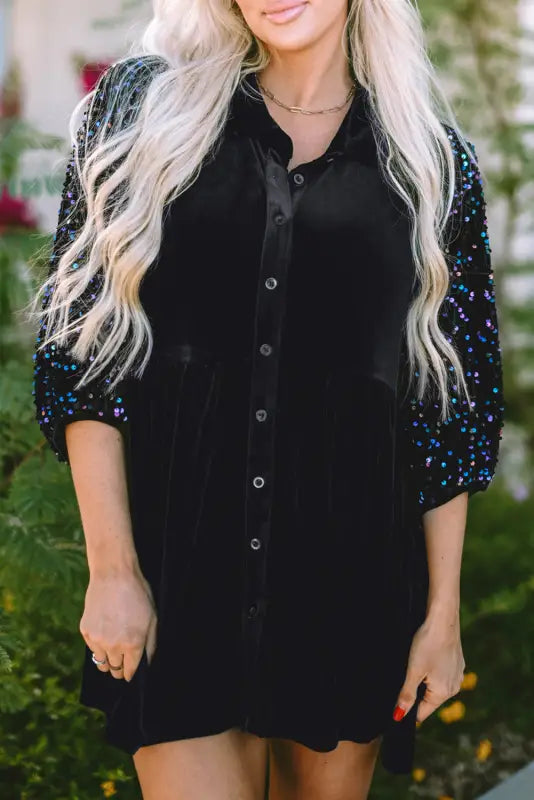 Elegant black sequin velvet peplum shirt | puff sleeve top