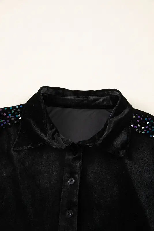 Elegant black sequin velvet peplum shirt | puff sleeve top