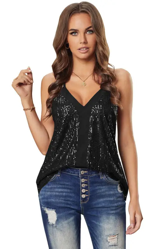 Black sequin racerback tank top - tops