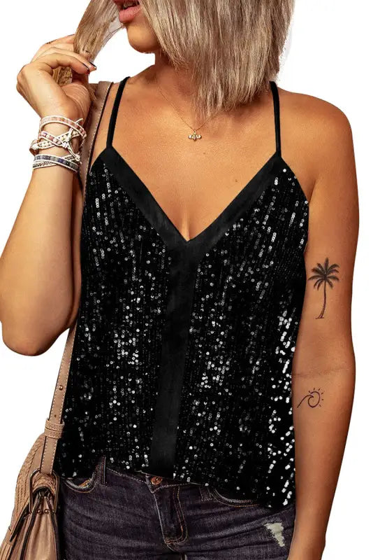 Black sequin racerback tank top - tops