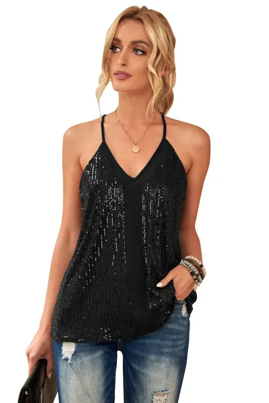 Black sequin racerback tank top - tops