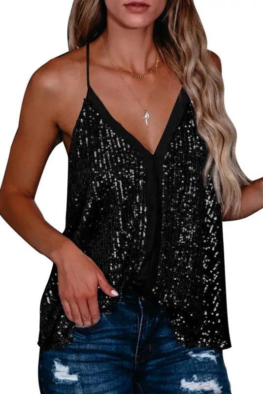 Black sequin racerback tank top - tops