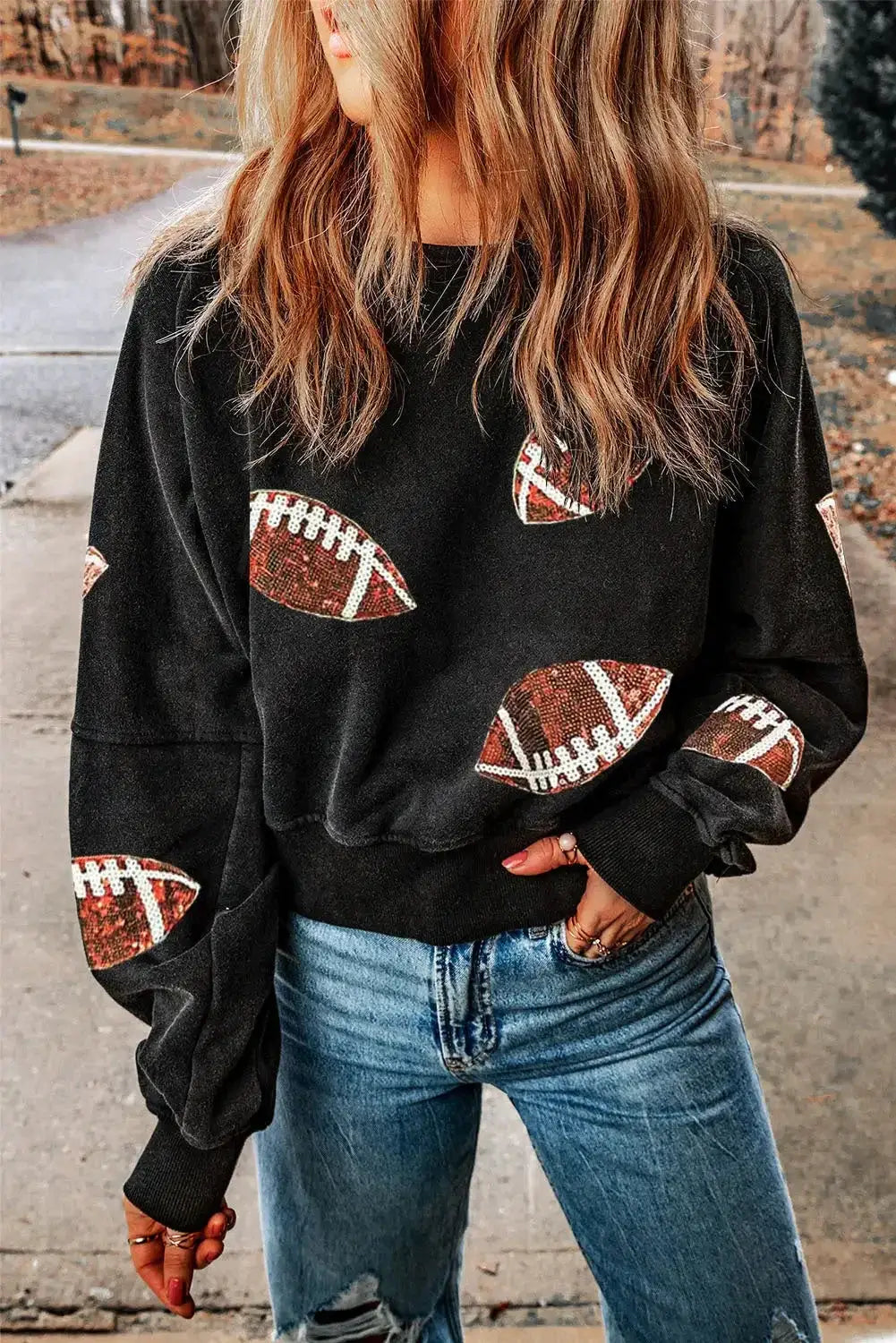 Black sequin rugby graphic pullover sweatshirt - 2xl / 65% polyester + 35% cotton - tops