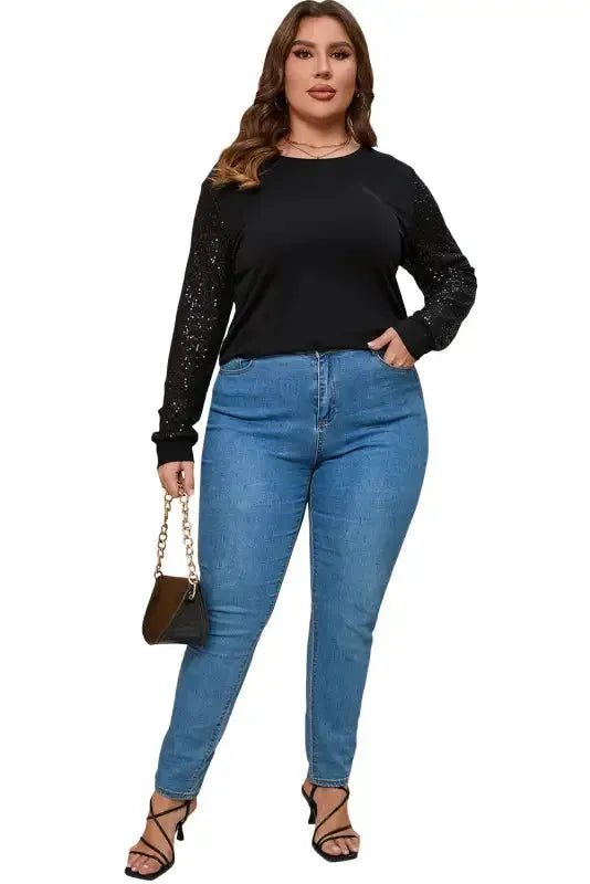 Black Sequin Sleeve Plus Size Top - Fashionfitz
