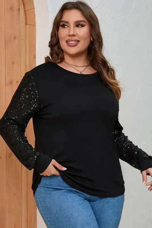 Black Sequin Sleeve Plus Size Top - Fashionfitz