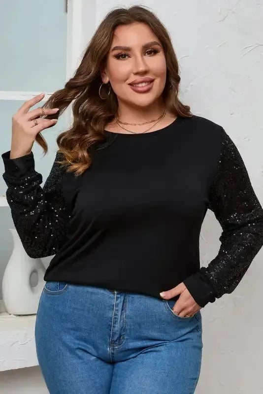 Black Sequin Sleeve Plus Size Top - Fashionfitz