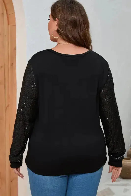 Black Sequin Sleeve Plus Size Top - Fashionfitz