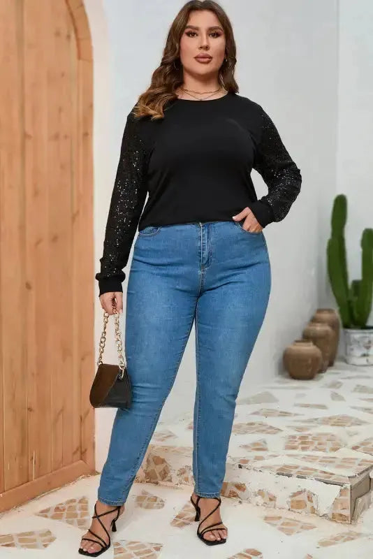 Black Sequin Sleeve Plus Size Top - Fashionfitz