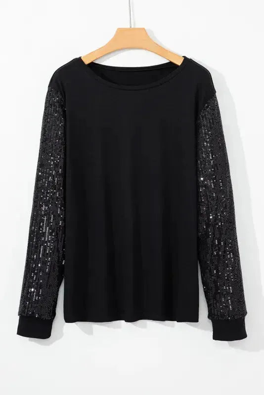 Black Sequin Sleeve Plus Size Top - Fashionfitz