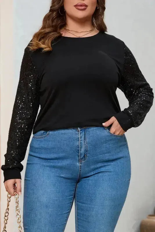 Black Sequin Sleeve Plus Size Top - Fashionfitz