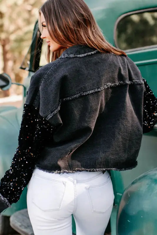 Black sequin sleeve pocketed raw hem denim jacket - jackets