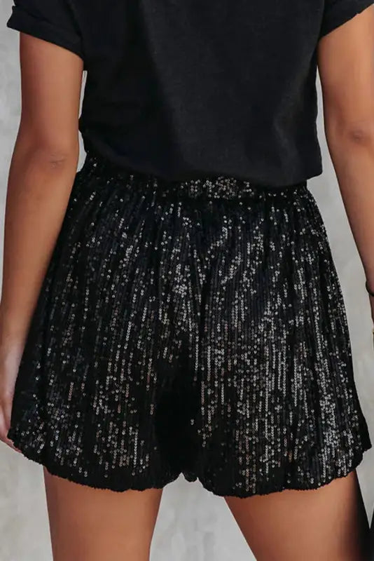 Black sequin straight leg high waist casual shorts