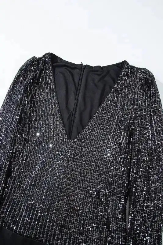 Black Sequin V-Neck Bodysuit - Fashionfitz