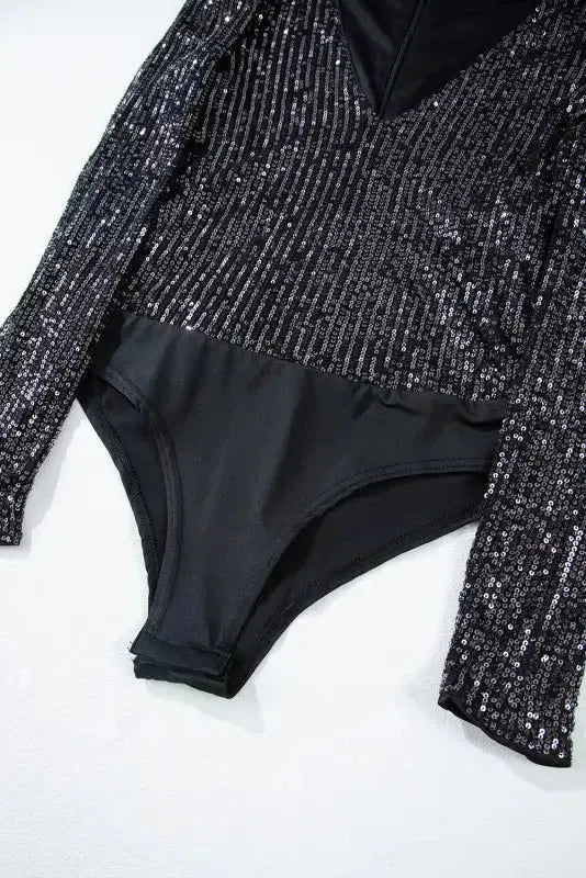 Black Sequin V-Neck Bodysuit - Fashionfitz