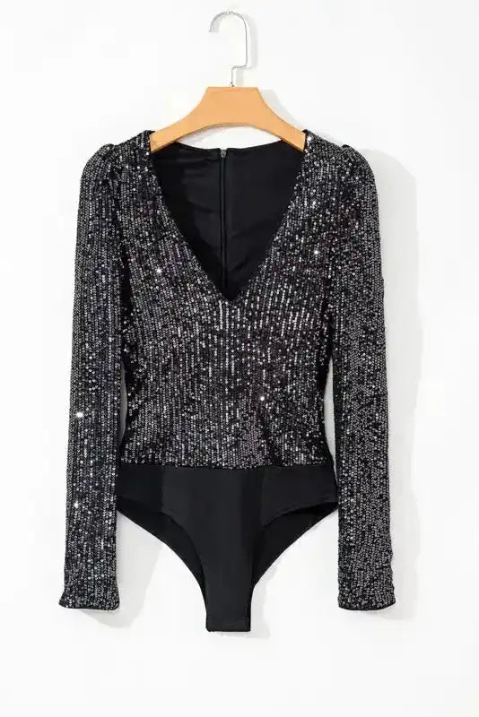 Black Sequin V-Neck Bodysuit - Fashionfitz