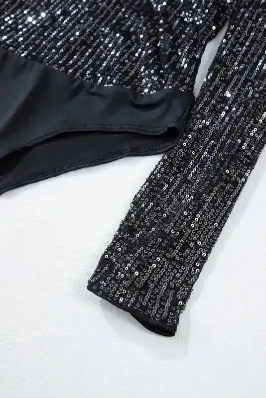 Black Sequin V-Neck Bodysuit - Fashionfitz