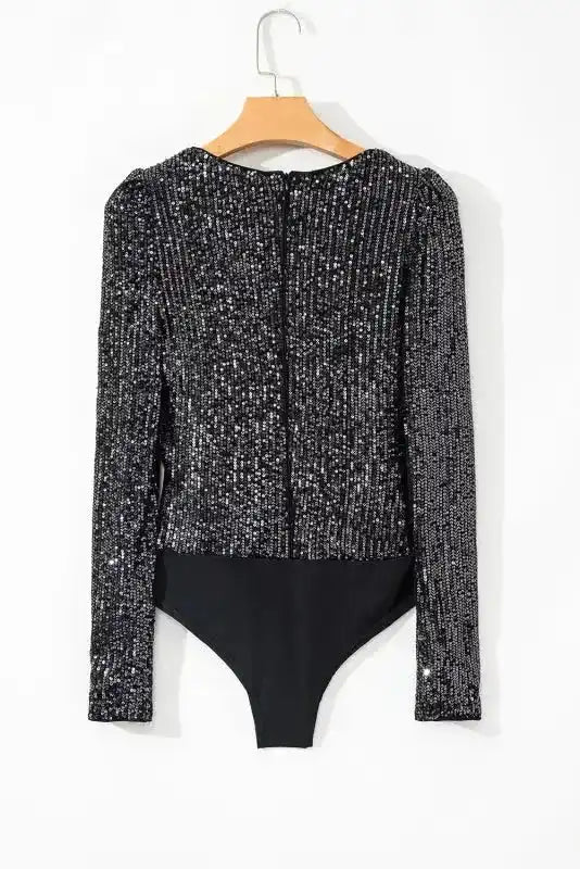 Black Sequin V-Neck Bodysuit - Fashionfitz