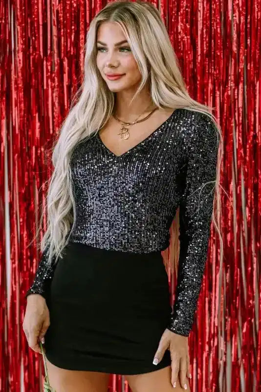 Black Sequin V-Neck Bodysuit - Fashionfitz