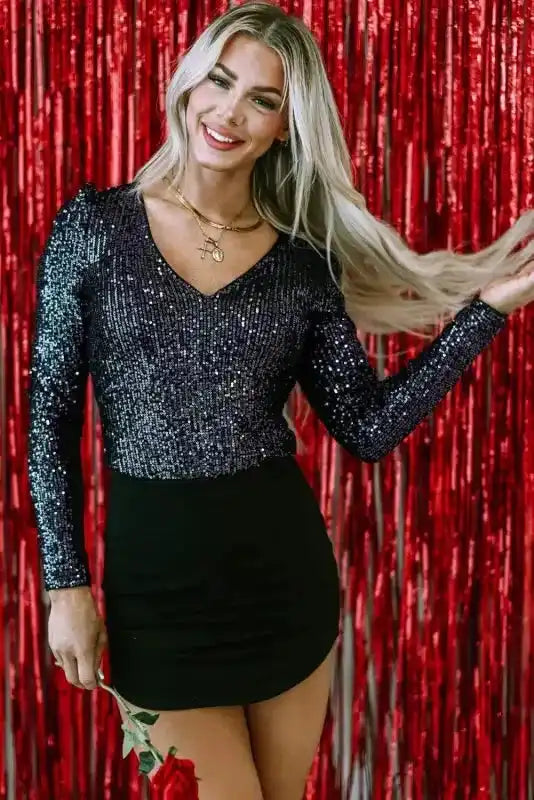 Black Sequin V-Neck Bodysuit - Fashionfitz