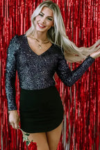 Black Sequin V-Neck Bodysuit - Fashionfitz