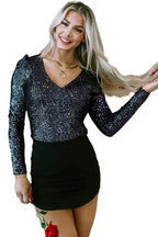 Black Sequin V-Neck Bodysuit - Fashionfitz