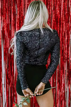 Black Sequin V-Neck Bodysuit - Fashionfitz