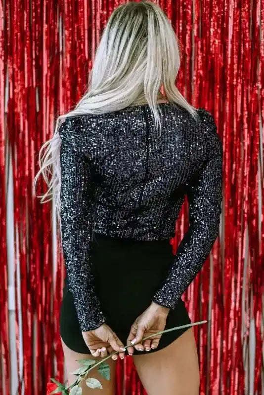 Black Sequin V-Neck Bodysuit - Fashionfitz