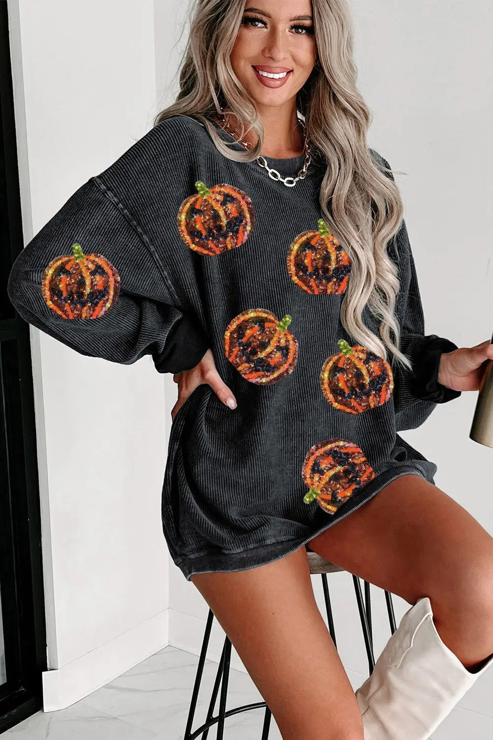 Black sequined jack o lantern corded baggy sweatshirt - graphic sweatshirts