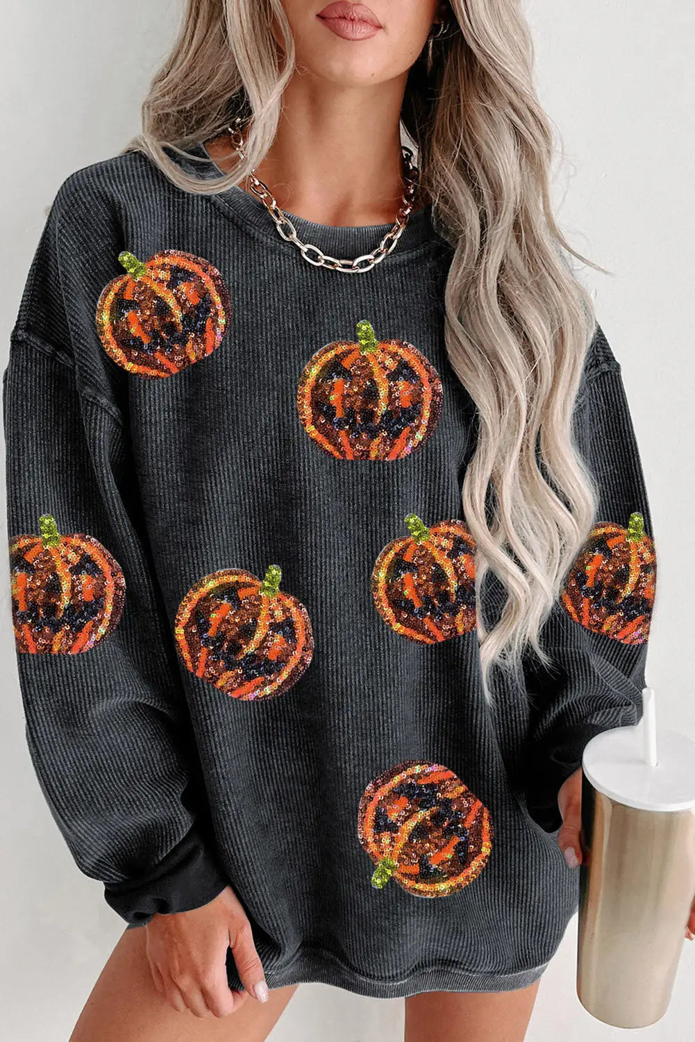 Black sequined jack o lantern corded baggy sweatshirt - s / 100% polyester - graphic sweatshirts