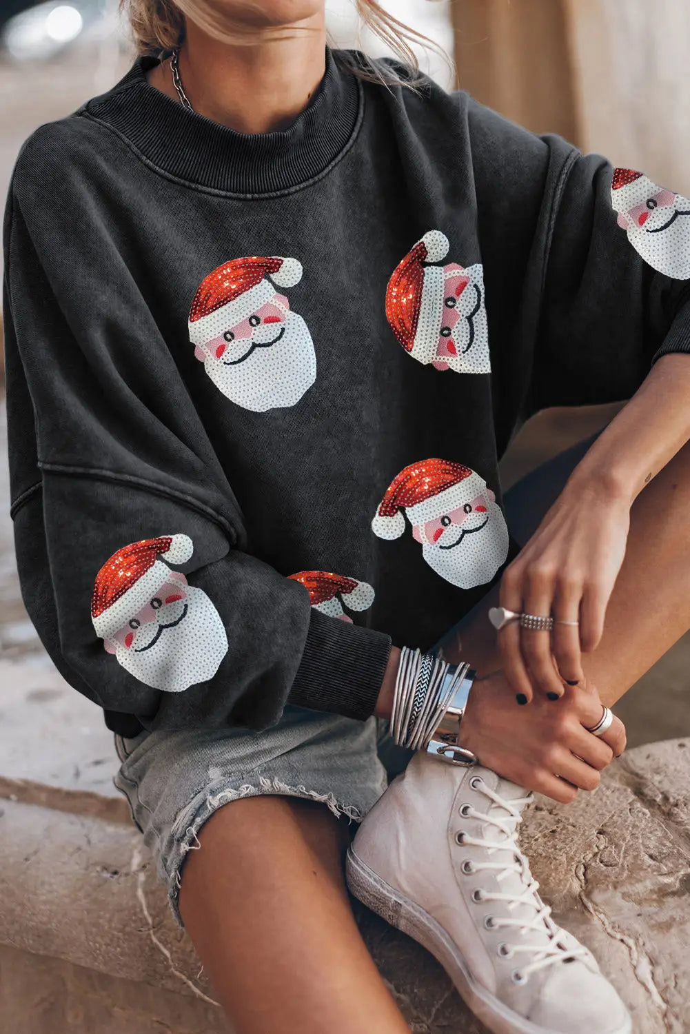 Black sequined santa claus christmas fashion sweatshirt - graphic sweatshirts