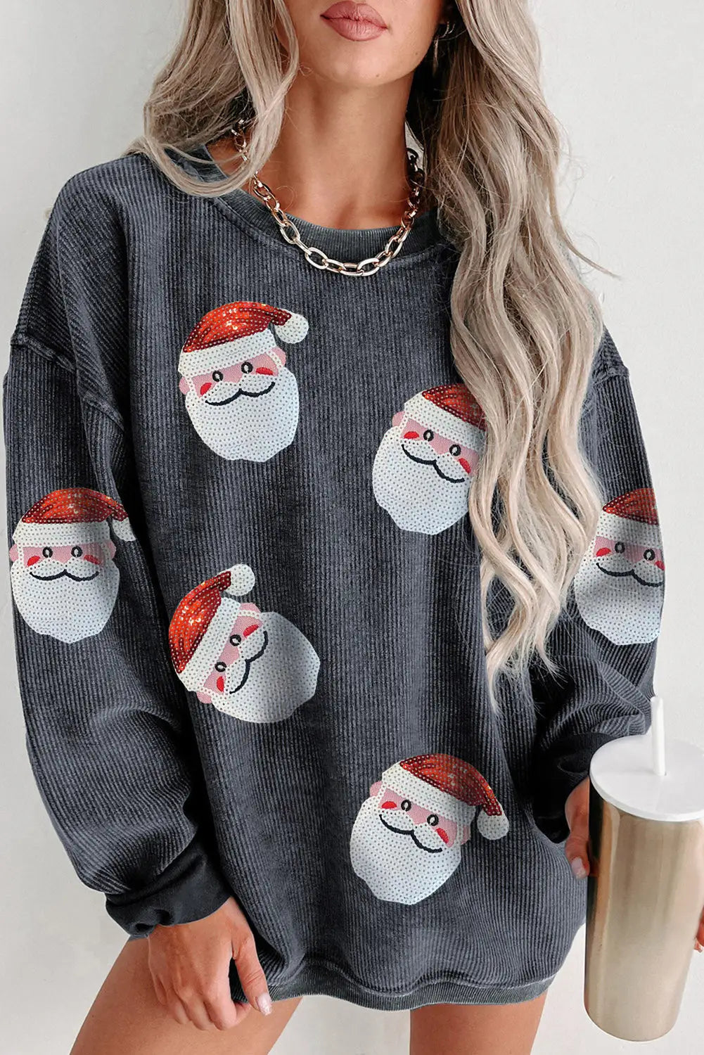 Black sequined santa claus corded christmas sweatshirt - graphic sweatshirts