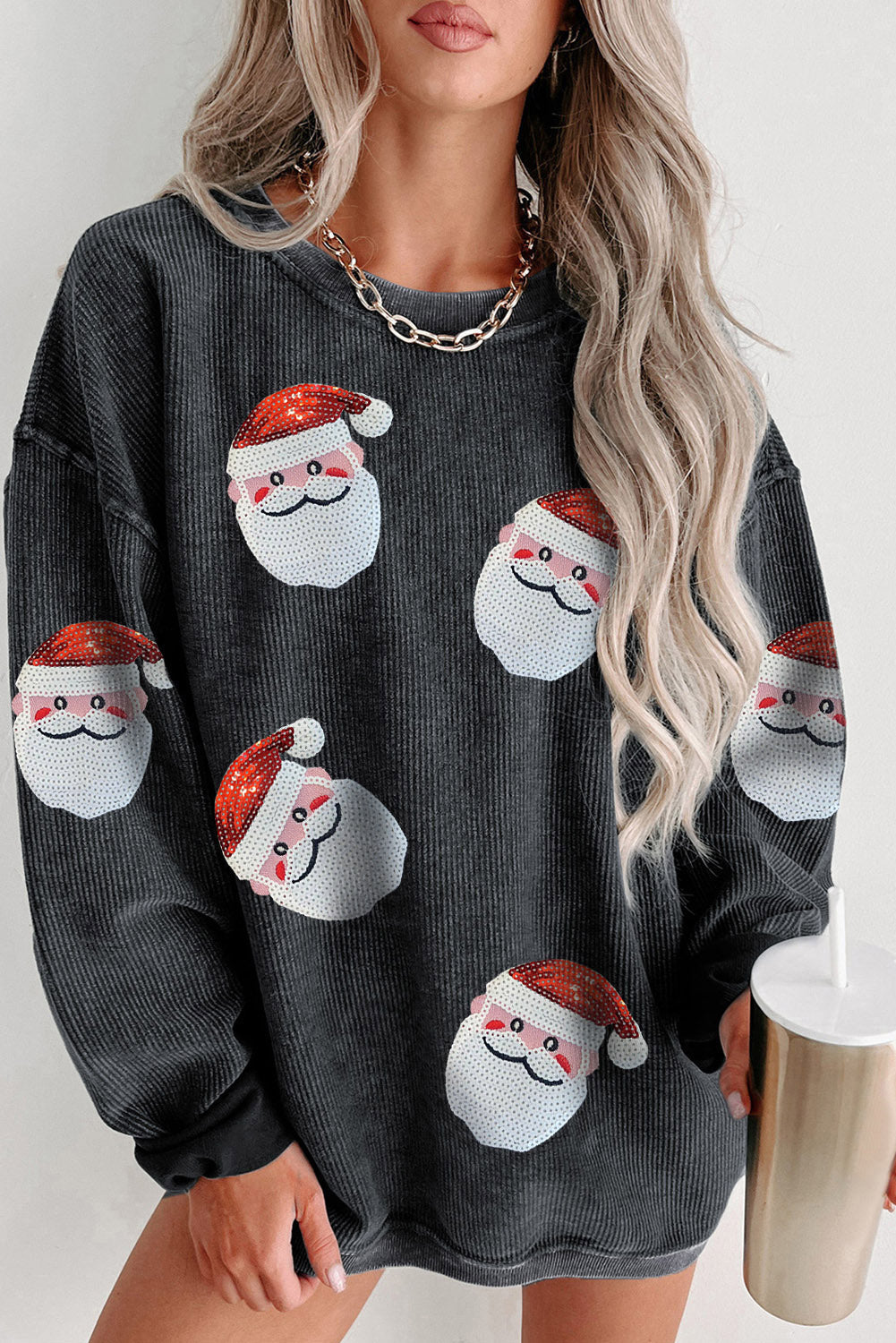 Black sequined santa claus corded christmas sweatshirt - s / 100% polyester - graphic sweatshirts