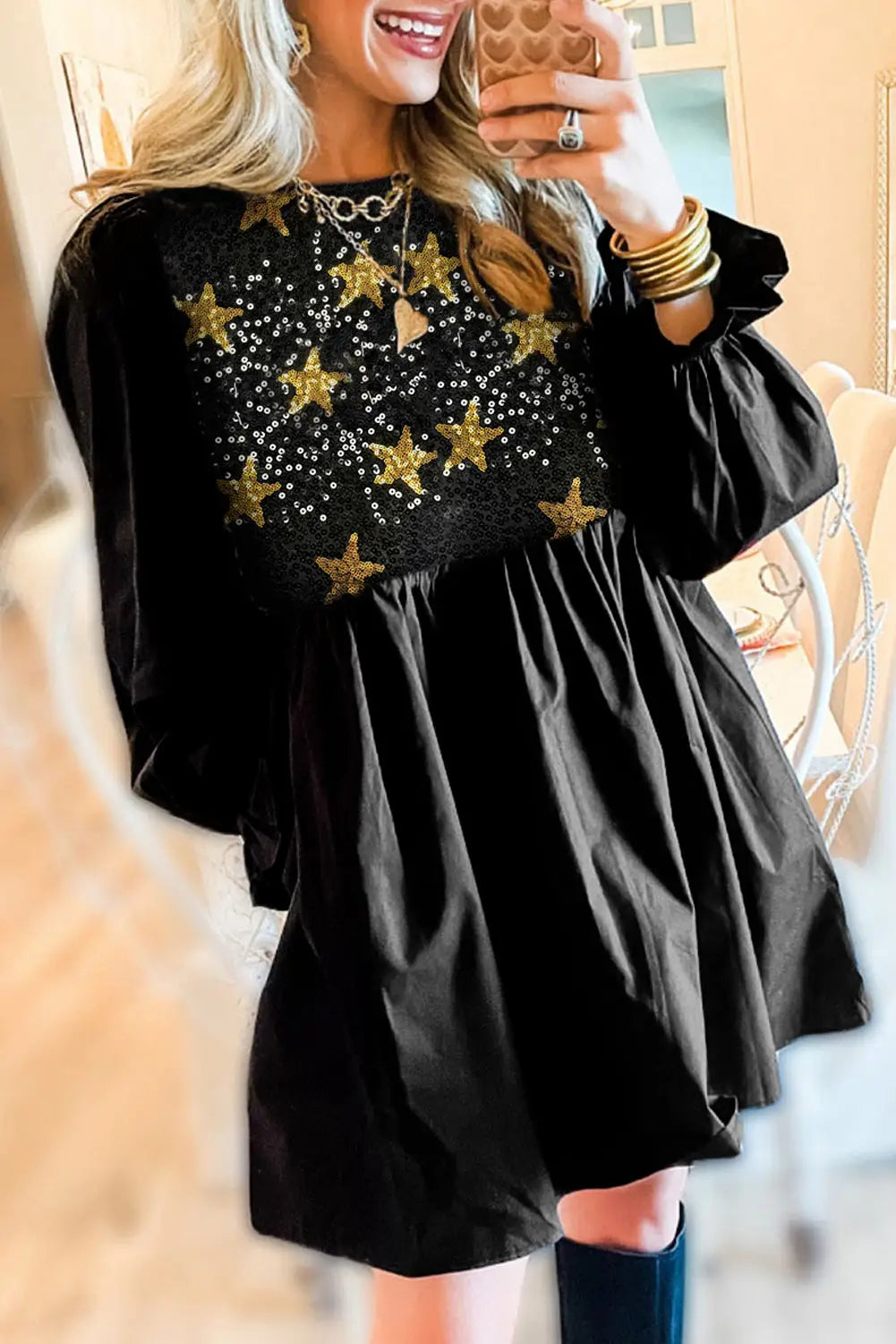 Black sequined stars flounce sleeve ruffled baby-doll dress