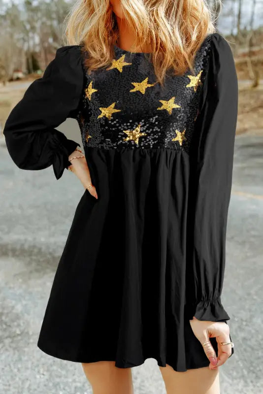 Black sequined stars flounce sleeve ruffled babydoll dress - s / 100% cotton - dresses