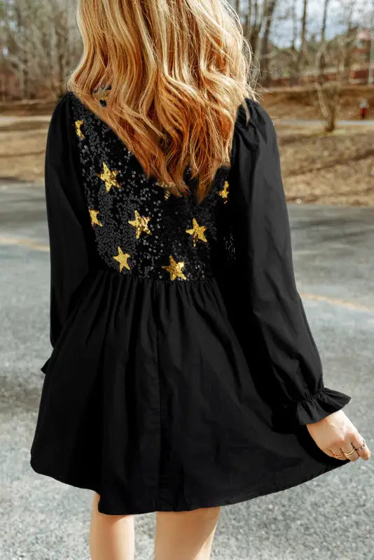 Black sequined stars flounce sleeve ruffled babydoll dress - dresses