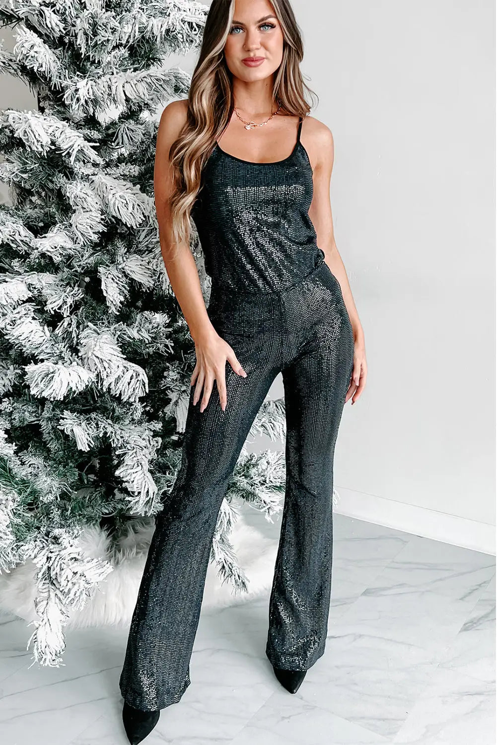 Black sequined tank top and flare pants set - sets