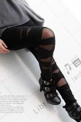 Black sheer mesh criss cross straps leggings - one size / 95% polyester + 5% spandex