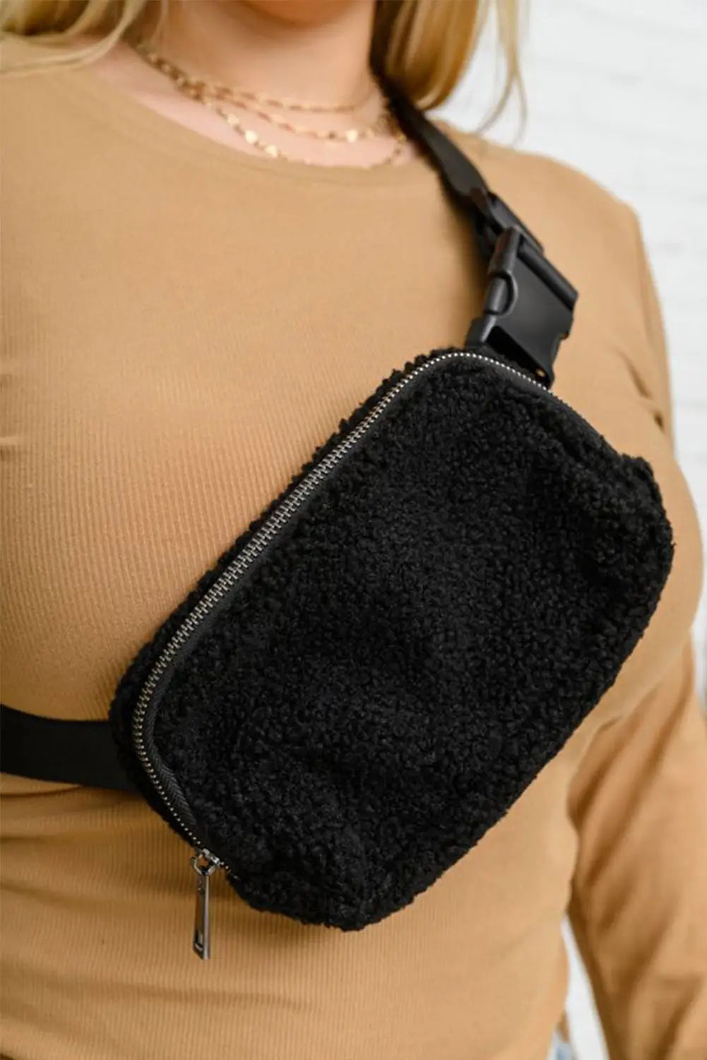 Black sherpa adjustable strap crossbody bag - shoes & bags