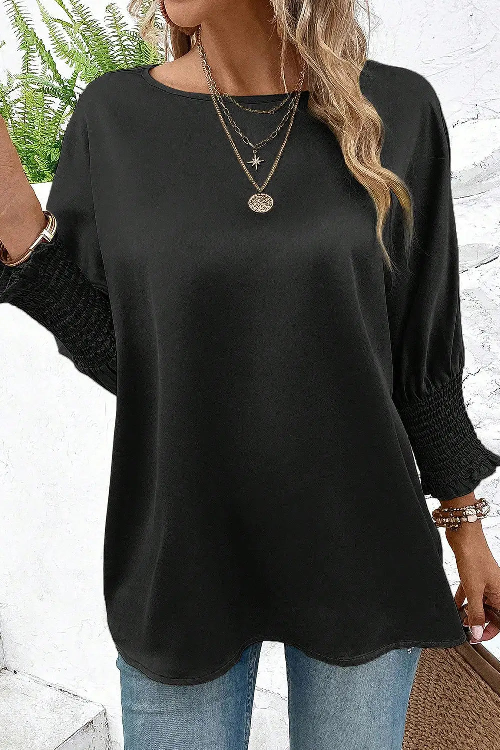 Black shirred dolman sleeve satin blouse - blouses & shirts