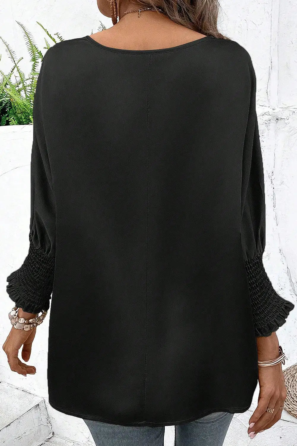 Black shirred dolman sleeve satin blouse - blouses & shirts