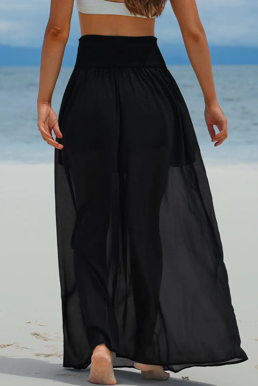Black shirred high waist chiffon split beach maxi skirt - bottoms
