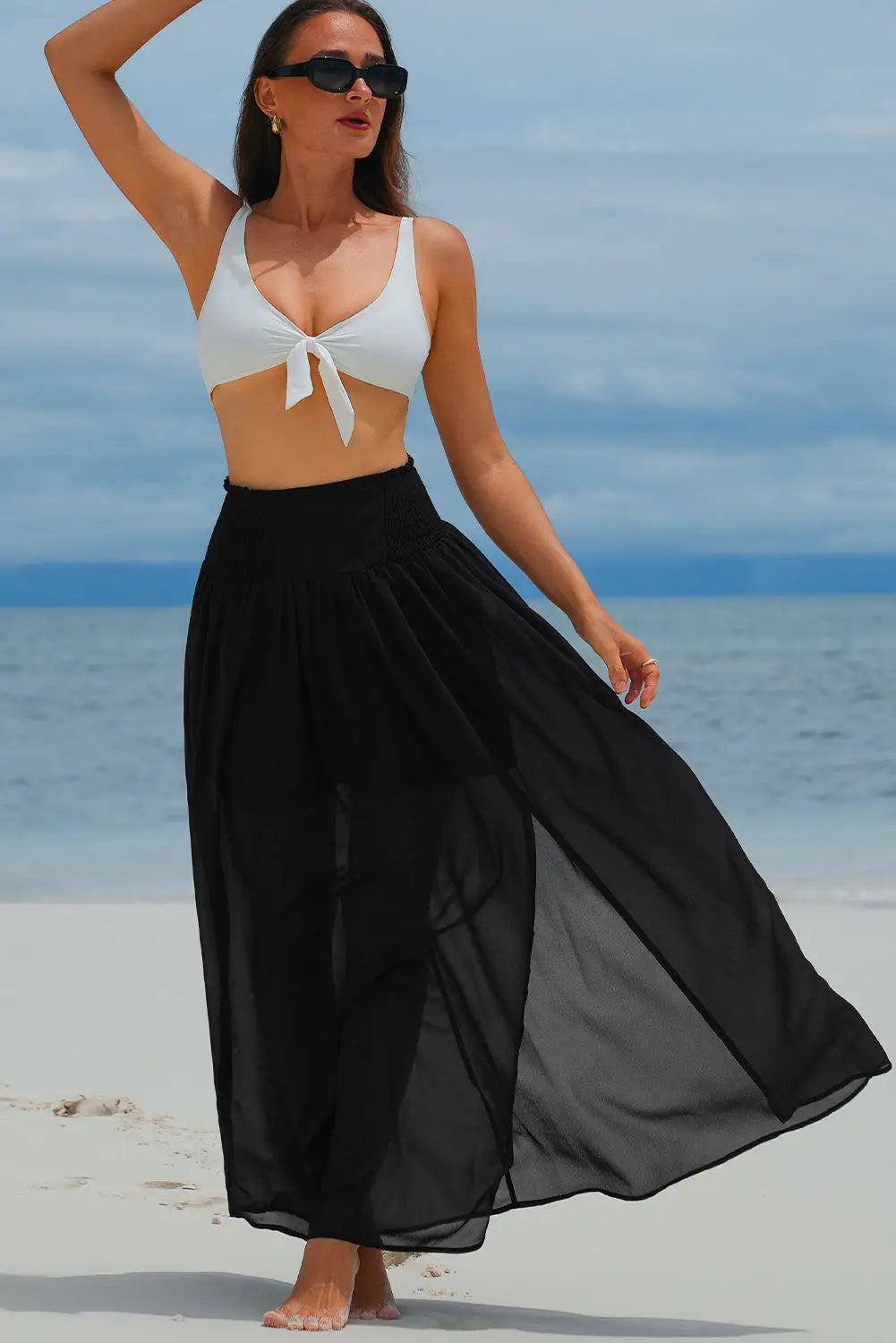 Black shirred high waist chiffon split beach maxi skirt - bottoms
